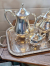 Nice 5-piece usable set, silver-colored coffee/tea set.