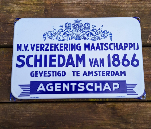 Emaille bord N.V. Verzekering Maatschappij Schiedam van 1866