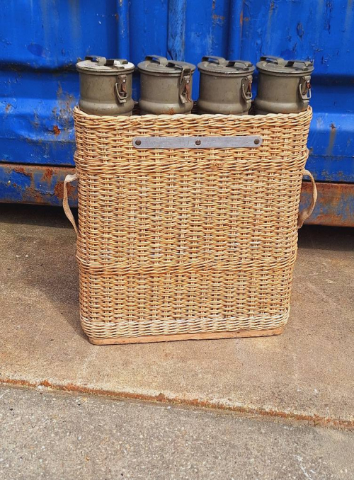 Swiss grenade basket, braided reed, 4 metal tubes.