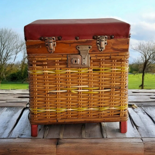 Vintage retro fishing case, fishing basket, fishing stool with seat.